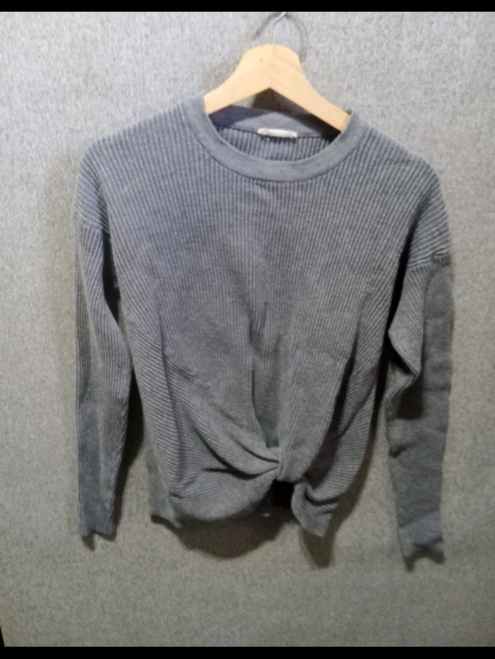 lovestitch Gray Ribbed Twist-Front Crewneck Sweater